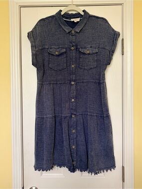 Umgee Button-Front Indigo Waffle/Gauze Blue Shirt Dress. Sz Large. Cute!
